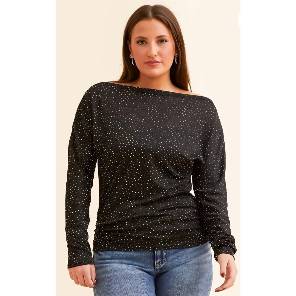 Daytrip New Rhinestone Black Long-Sleeve Mesh Top Small Semi-sheer Ruched Blouse